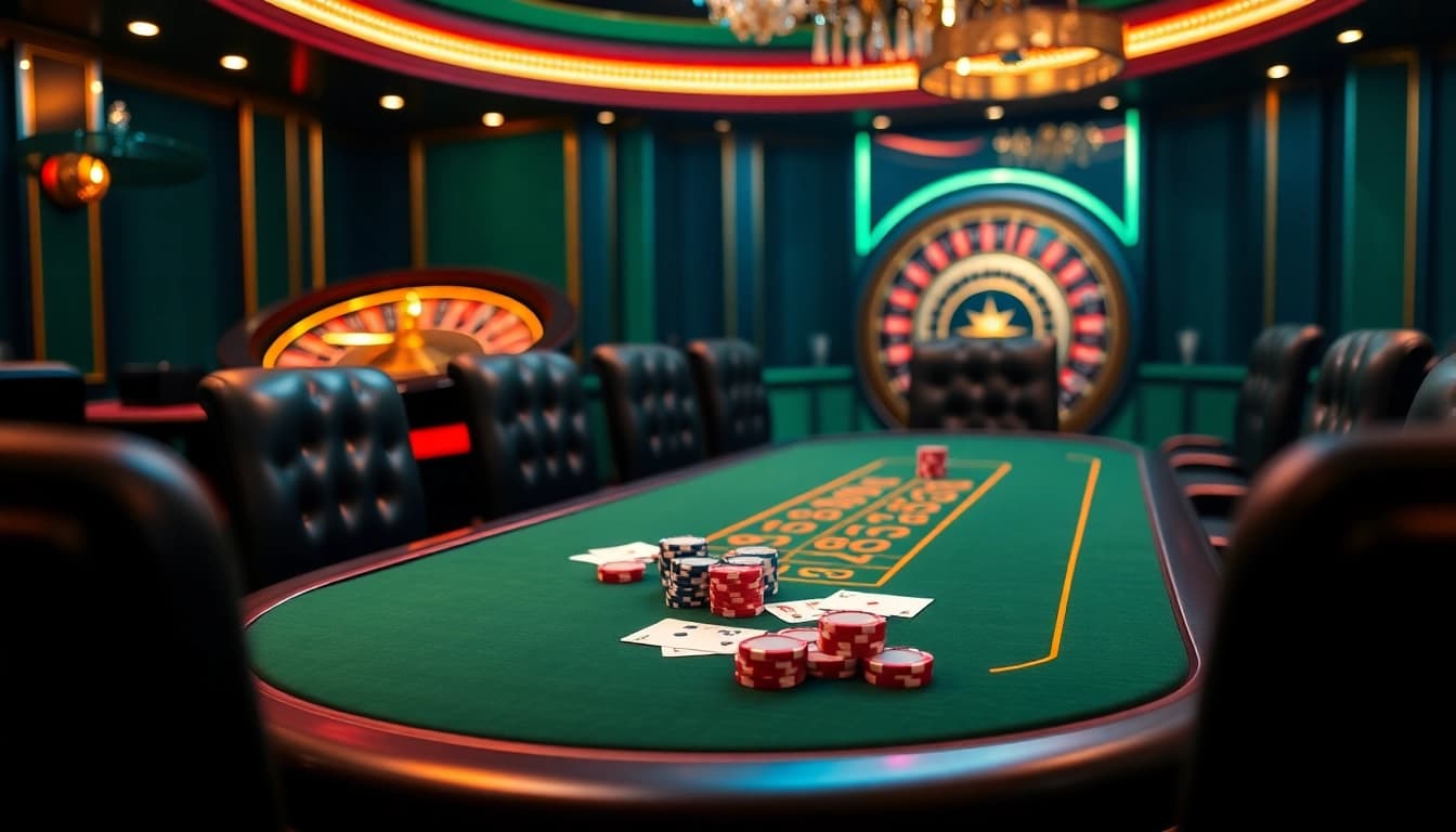 Players at an OK8386 poker table enjoying an exciting game night with vibrant chips and cards.