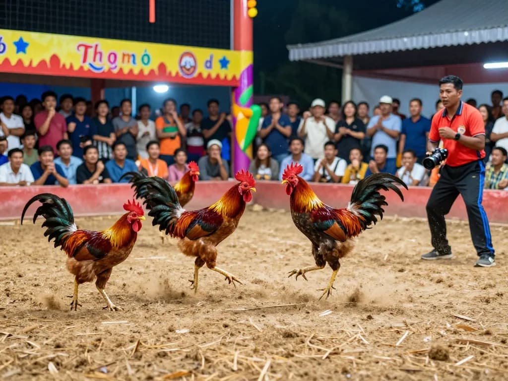 Cảnh hấp dẫn của đá gà thomo HD đang diễn ra, ghi lại những khoảnh khắc chiến đấu gà đầy sức sống với khán giả hào hứng.