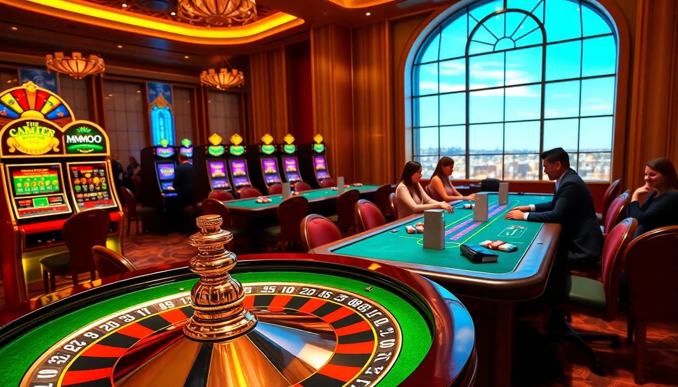 MMOO players celebrating wins at a luxurious casino table with vibrant slot machines.