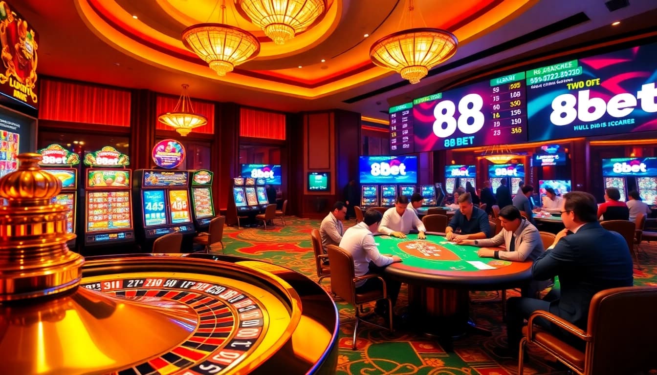Exciting casino scene at 88bet showcasing poker, roulette, and vibrant slot machines.
