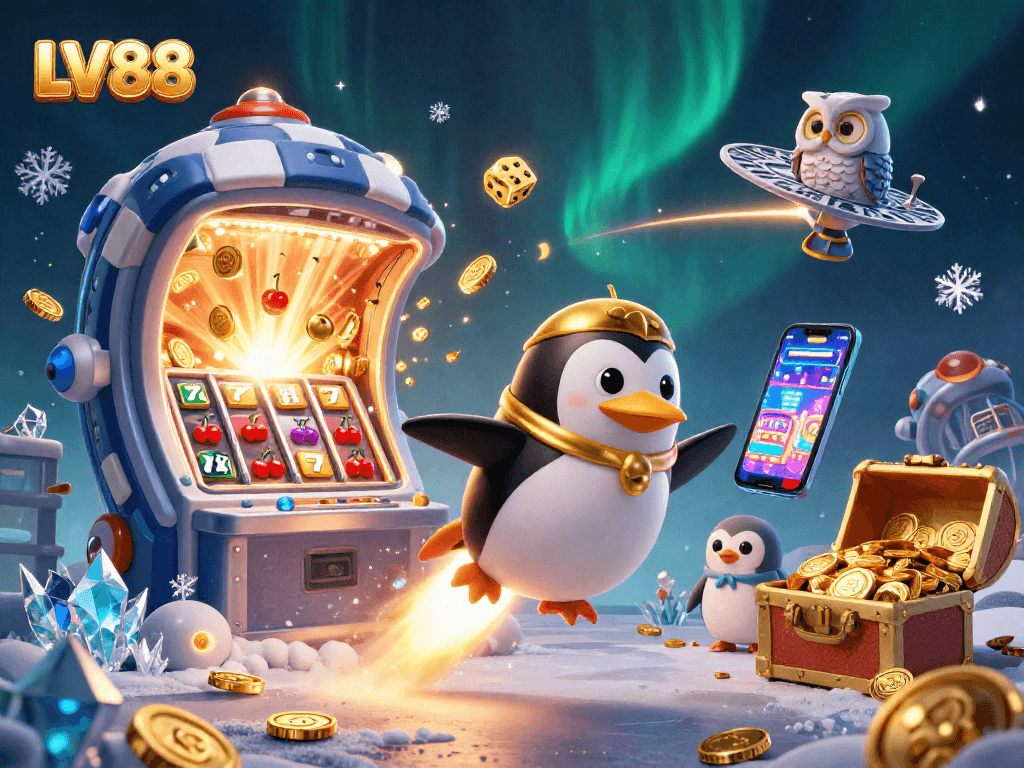 Experience the thrill of LV88 casino with a dynamic golden penguin scene and exciting game elements.