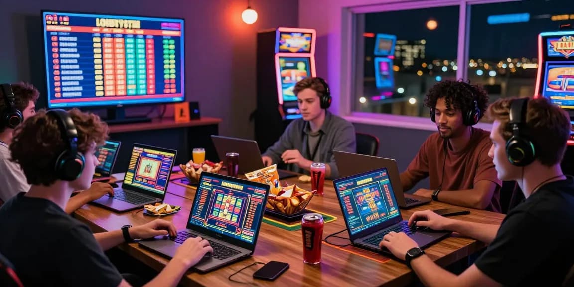 Dynamic online gaming session at tempototo with excited players enjoying various games and jackpots in vibrant setting.