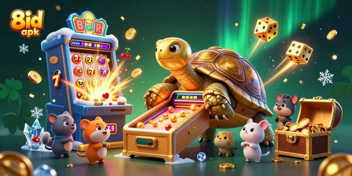 Play thrilling games with 8id apk, featuring interactive slot machines and exciting jackpots in a vibrant casino scene.