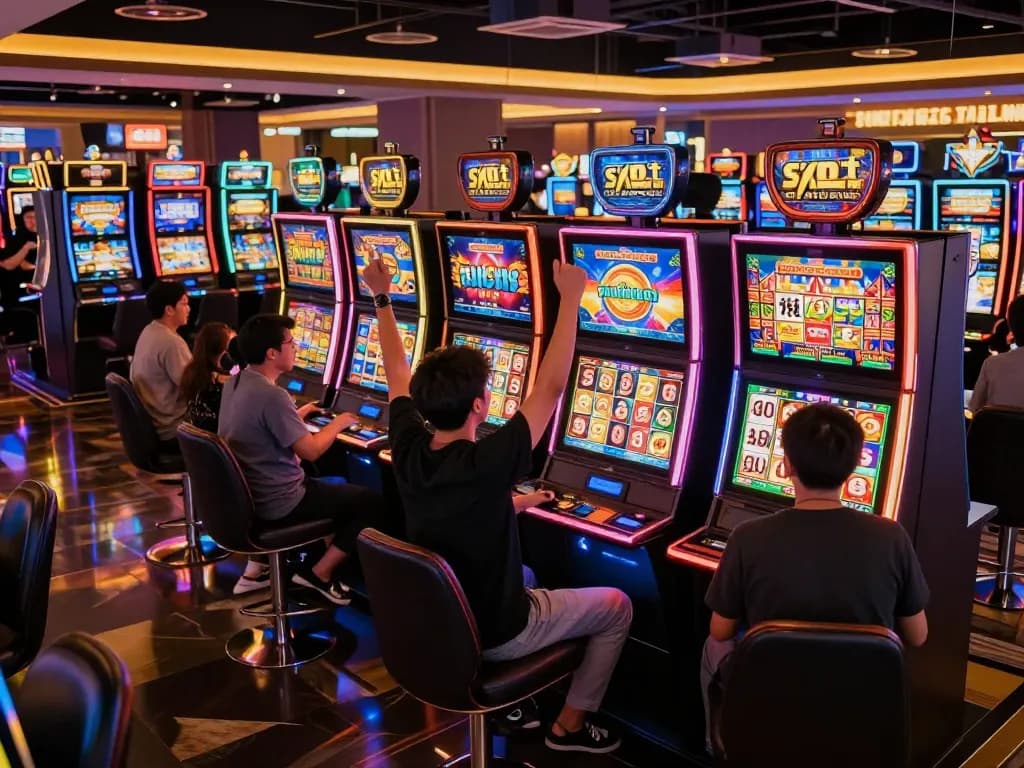 Excited player wins big at slot thailand machines with glowing displays in vibrant casino scene.