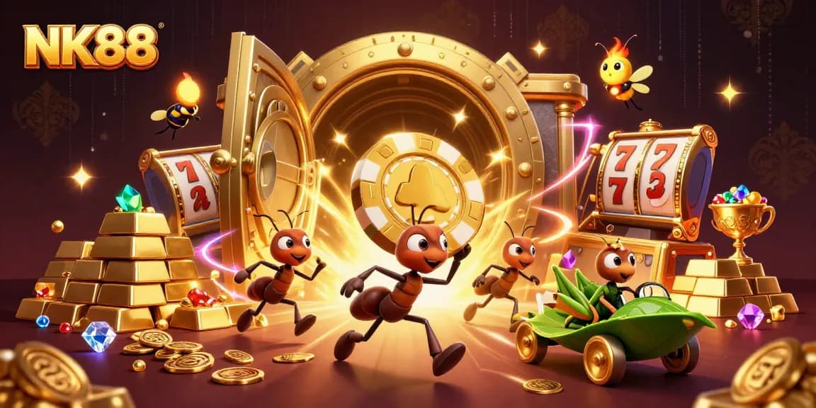NK88 heist illustration featuring ants carrying a golden poker chip in a vibrant casino scene.