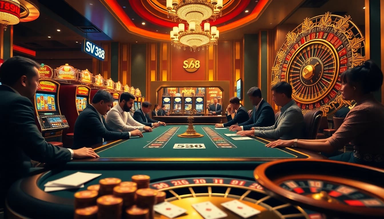 SV 368 branded luxury casino scene with players engaged in poker, vibrant slot machines in background.