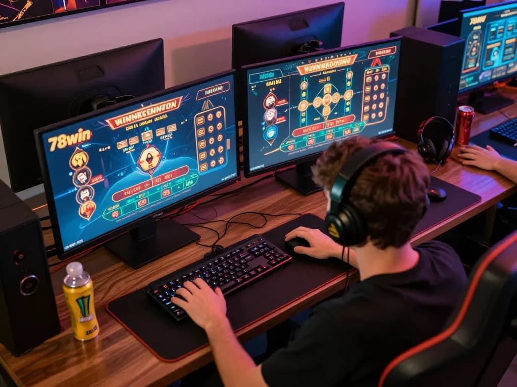 Gamer engaged in online 78win casino gaming session, dual monitors showcasing action-packed games and betting interface