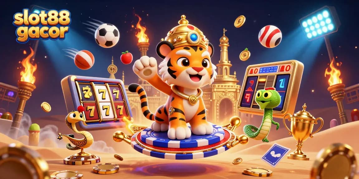 Slot88 gacor menghadirkan sultan harimau berkarpet poker, simbol slot, dan trofi emas dalam aksi dinamis.