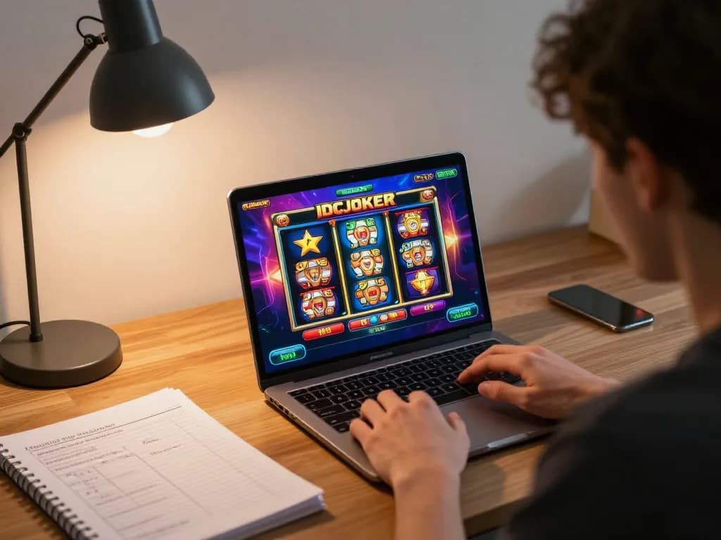 IDCJOKER player strategically engaging in online slots at home, enjoying a vibrant gaming experience.