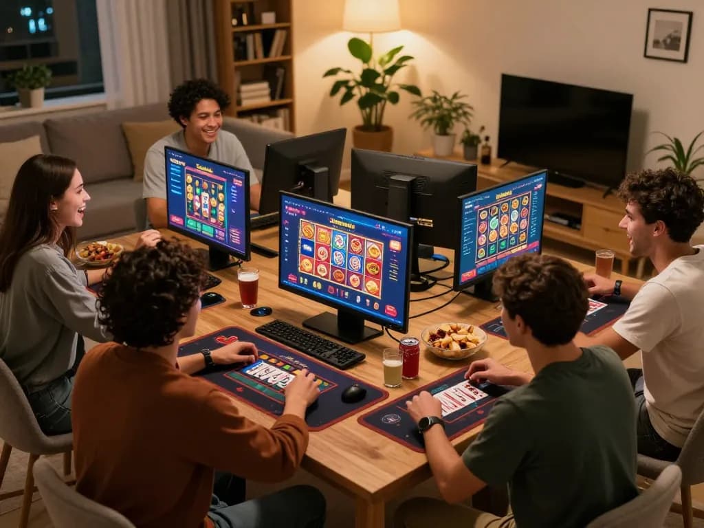 Friends enjoying Sunwin online casino games at home, showcasing a lively gaming atmosphere with screens and snacks.