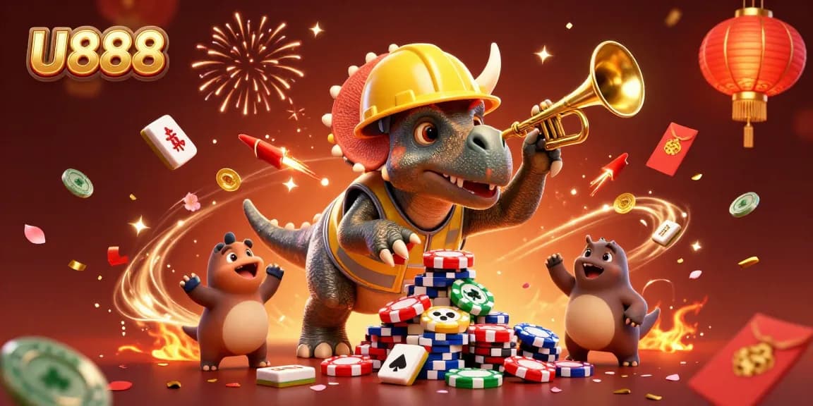 U888 gameplay excitement illustrated with a triceratops and festive elements in a vibrant casino scene.