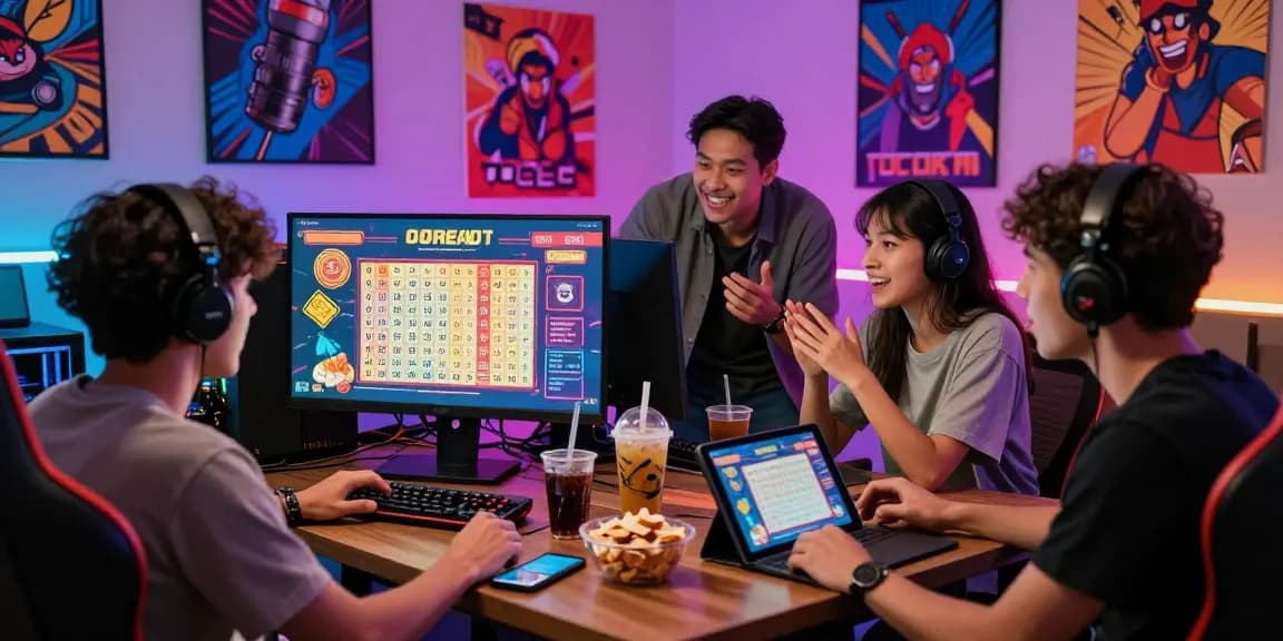 Geng teman merayakan kemenangan togel di RATUTOGEL dengan komputer dan strategi berwarna-warni.