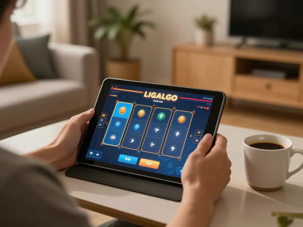 LIGALGO player engaging with animated slots on tablet in a cozy home setting.
