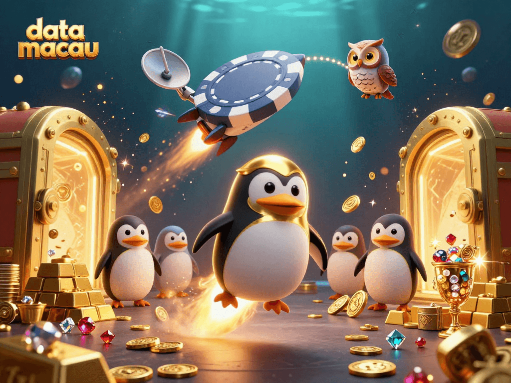Experience data macau real-time results with a golden penguin chasing wealth in a vibrant casino universe.
