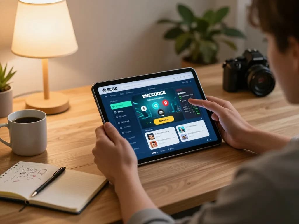 Engaging with the SC88 app for mobile gaming, showcasing a cozy home environment and strategic betting.