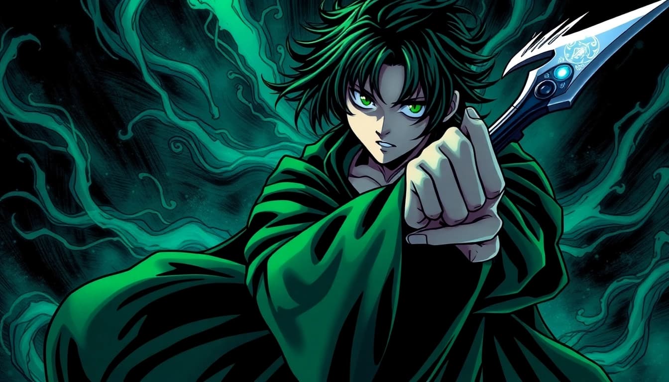 Shinigami karakter dalam pose aksi kuat dengan latar belakang gelap dan elemen supernatural.