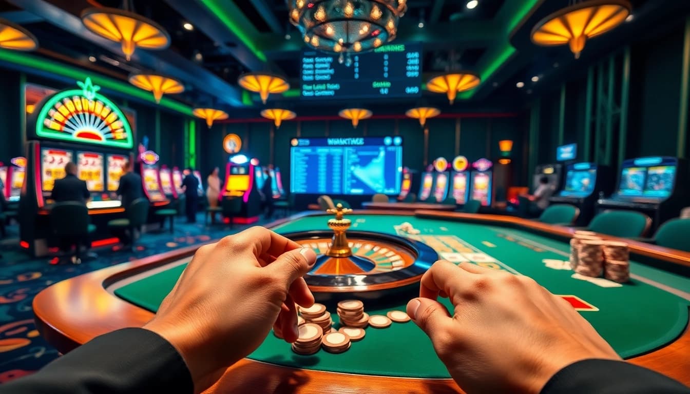 Tỷ số trực tuyến 7m displayed on a digital scoreboard amidst an exciting casino gambling scene.