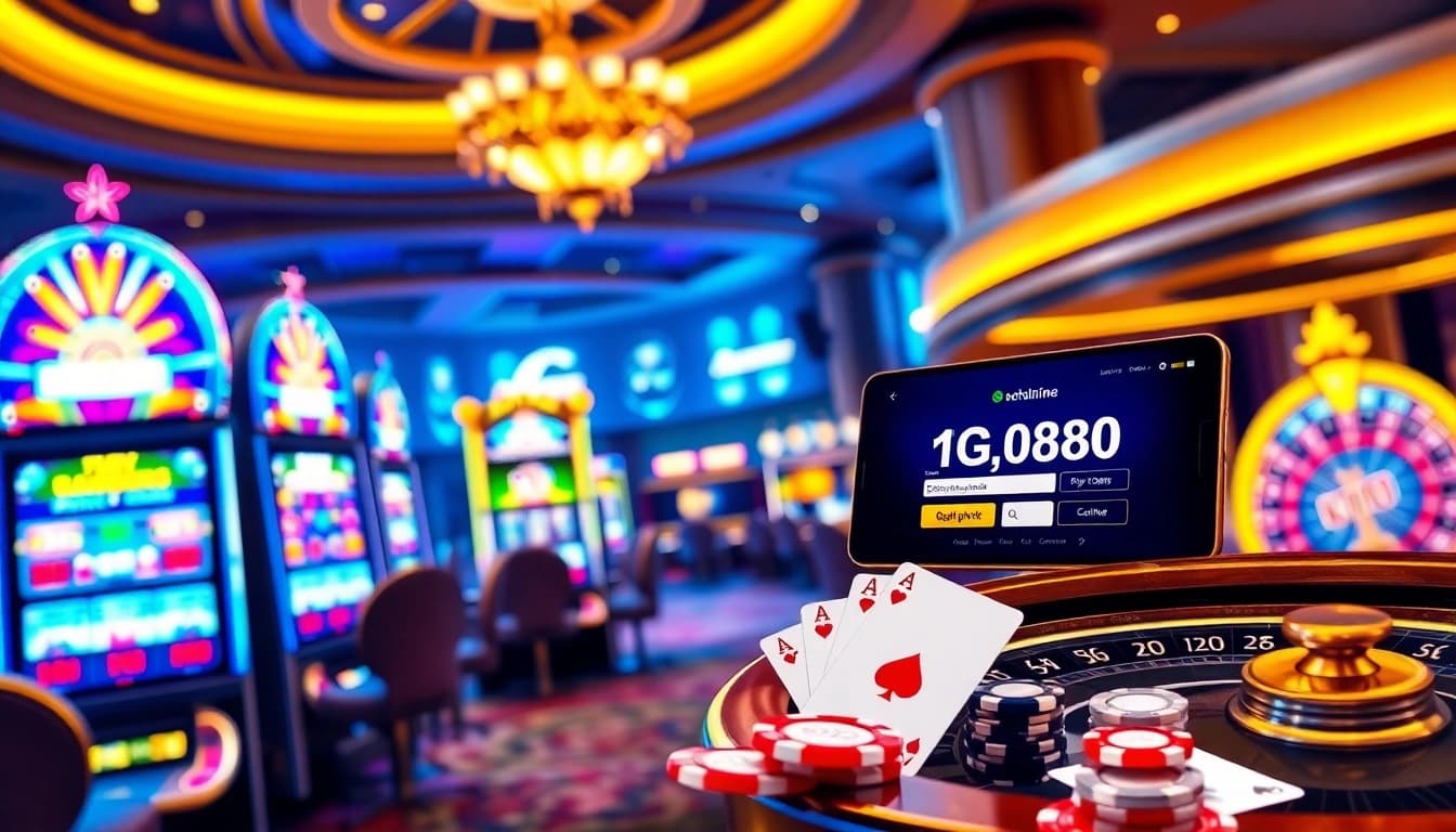 Players experiencing tg88 đăng nhập in a luxurious casino setting with vibrant slot machines and cards.