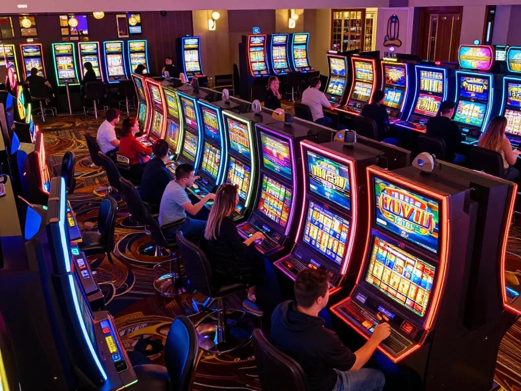 Players engaging with colorful slot777 machines, celebrating wins in a vibrant casino atmosphere