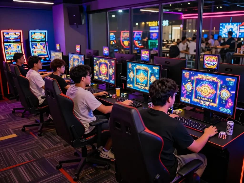 Lounge permainan yang menarik dengan pemain menikmati permainan slot gacor dengan pencahayaan yang cerah dan layar definisi tinggi.