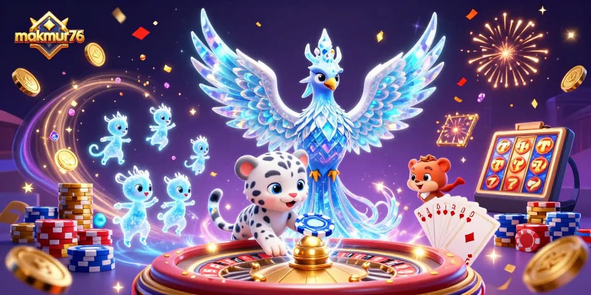 Experience the thrill of makmur76 with 3D characters and vibrant casino elements in a dynamic scene.
