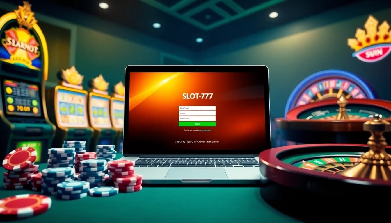 Engage in thrilling gameplay at slot777 login with vibrant visuals of poker chips and slot machines.