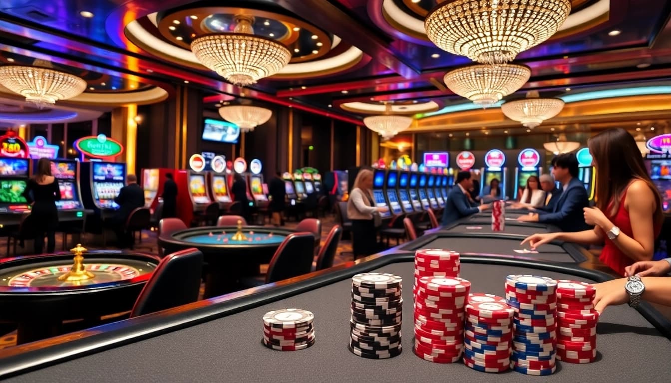 Experience the thrill of the rr88 link in a vibrant, luxurious casino setting with players and games.