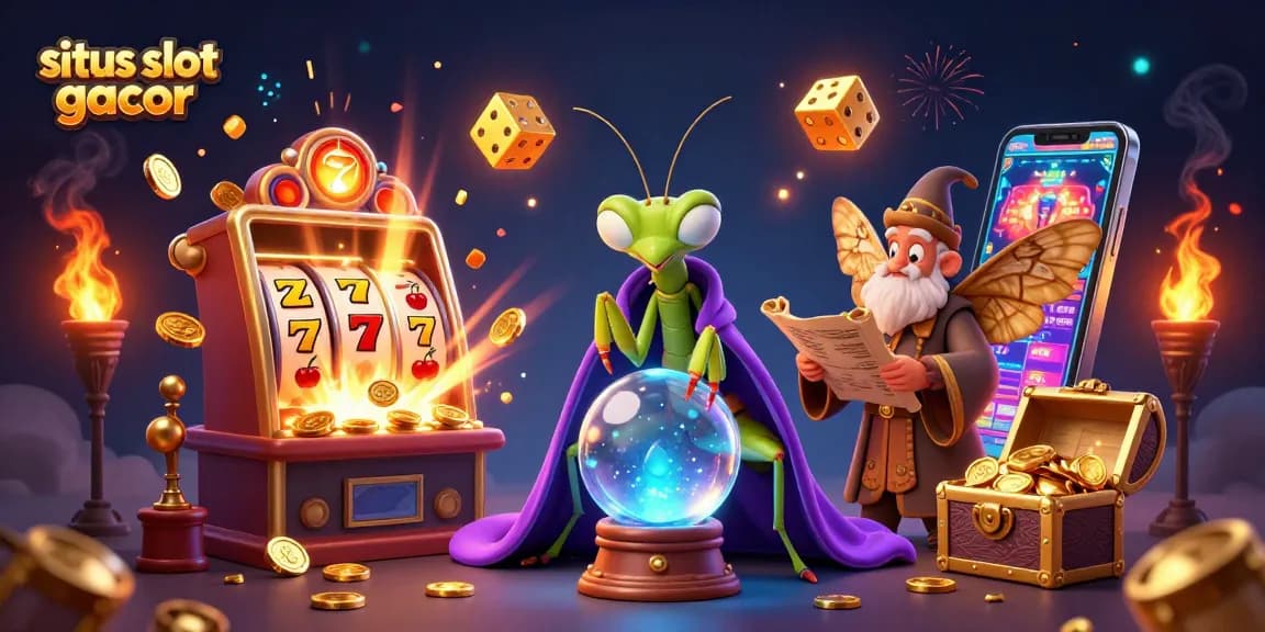 Mengungkap situs slot gacor dengan ilustrasi 3D penuh warna dari karakter kasino, simbol keberuntungan, dan banyak elemen menarik.