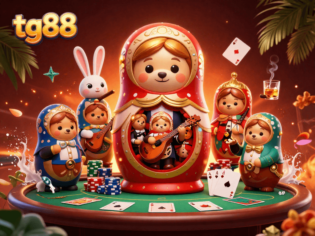 Experience exciting gambling at tg88 with bears and a balalaika rabbit amidst vibrant casino elements.