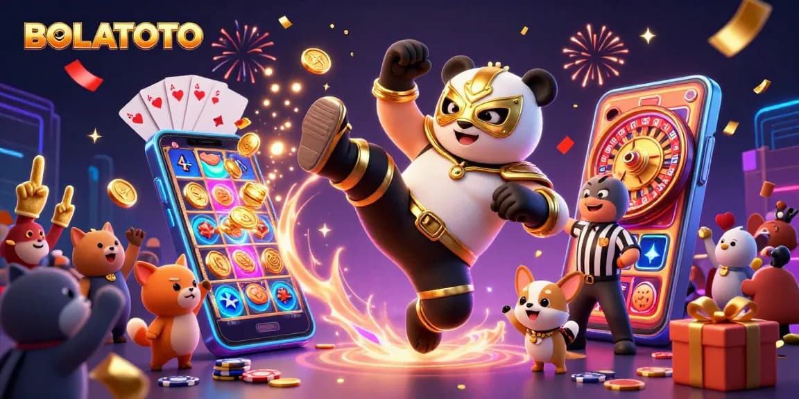 BOLATOTO merayakan kemenangan dalam ilustrasi 3D penuh warna dengan panda pejuang dan penonton hewan.