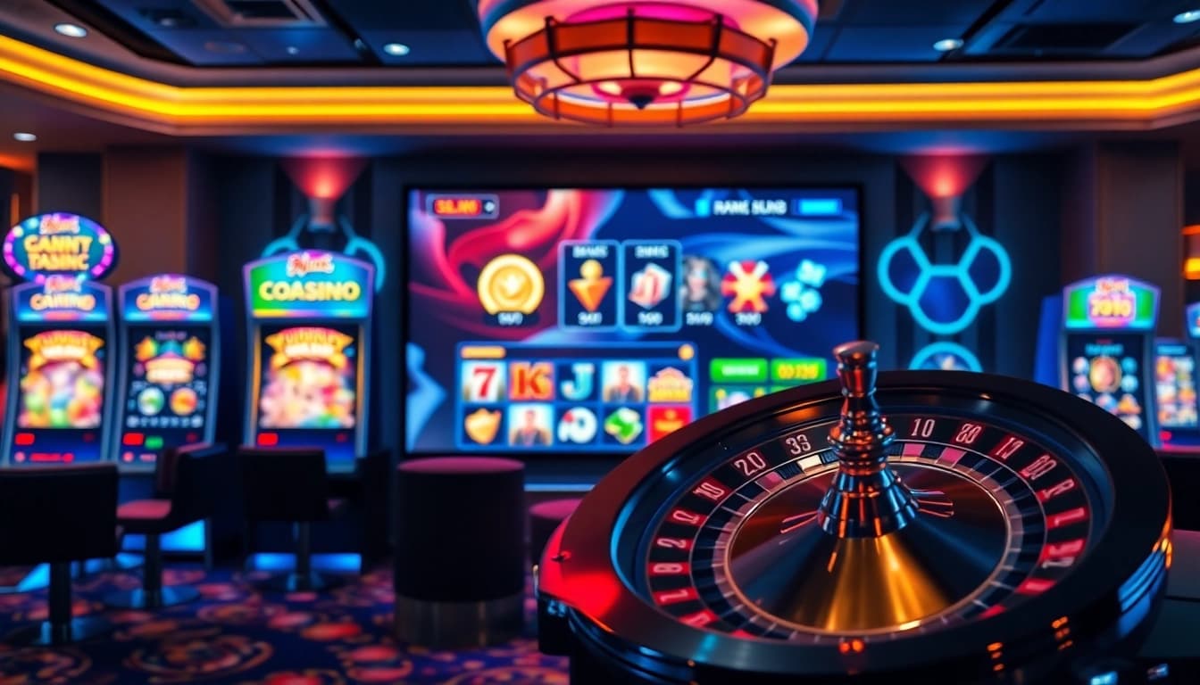 Experience the excitement of link slot pakai qris at an elegant casino with vibrant slots and eager players.
