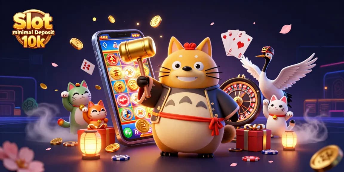 Slot minimal Deposit 10k menampilkan ilustrasi kasino ceria dengan elemen permainan seperti smartphone, koin emas, dan karakter keberuntungan.