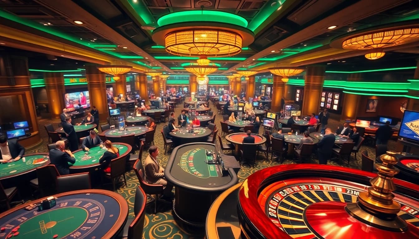 Exciting casino atmosphere featuring XX88 poker tables, players, and a roulette wheel in action.
