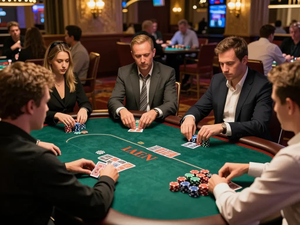 Pemain HOKI368 merencanakan strategi saat pertandingan poker intens di kasino yang ramai.