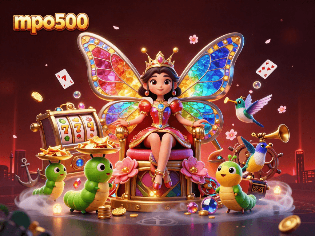 Gambar mpo500 menampilkan ratu kupu-kupu kartun 3D yang bermain slot dengan kerumunan harta dan efek interaktif.