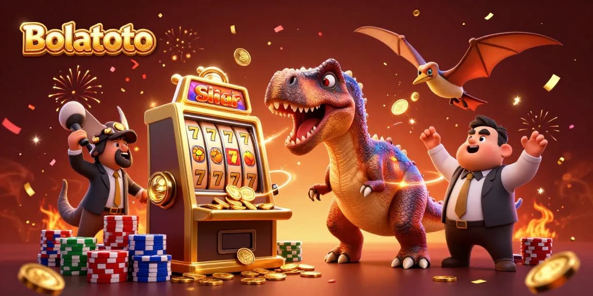 Bolatoto engages players with a pachycephalosaurus at a slot machine winning coins.