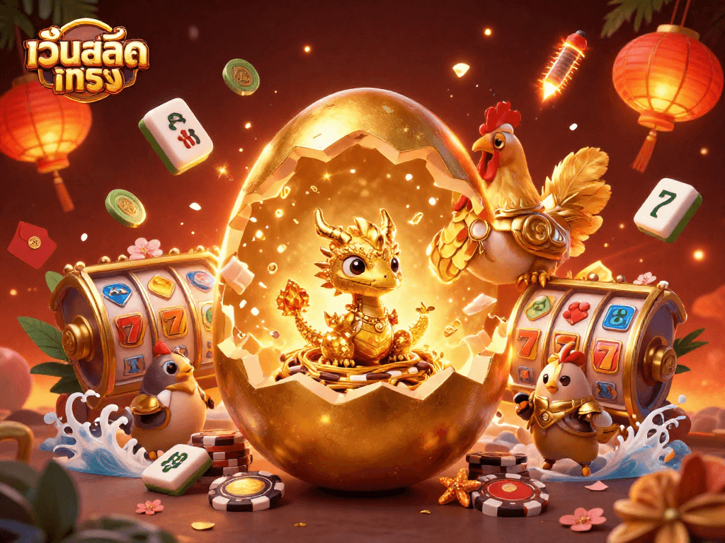 Engage with เว็บสล็อตตรง as a golden dragon hatches from a colossal egg amidst vibrant casino elements.