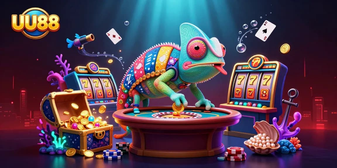 Spin the slots with UU88’s vibrant casino scene featuring a chameleon owner ready to win!