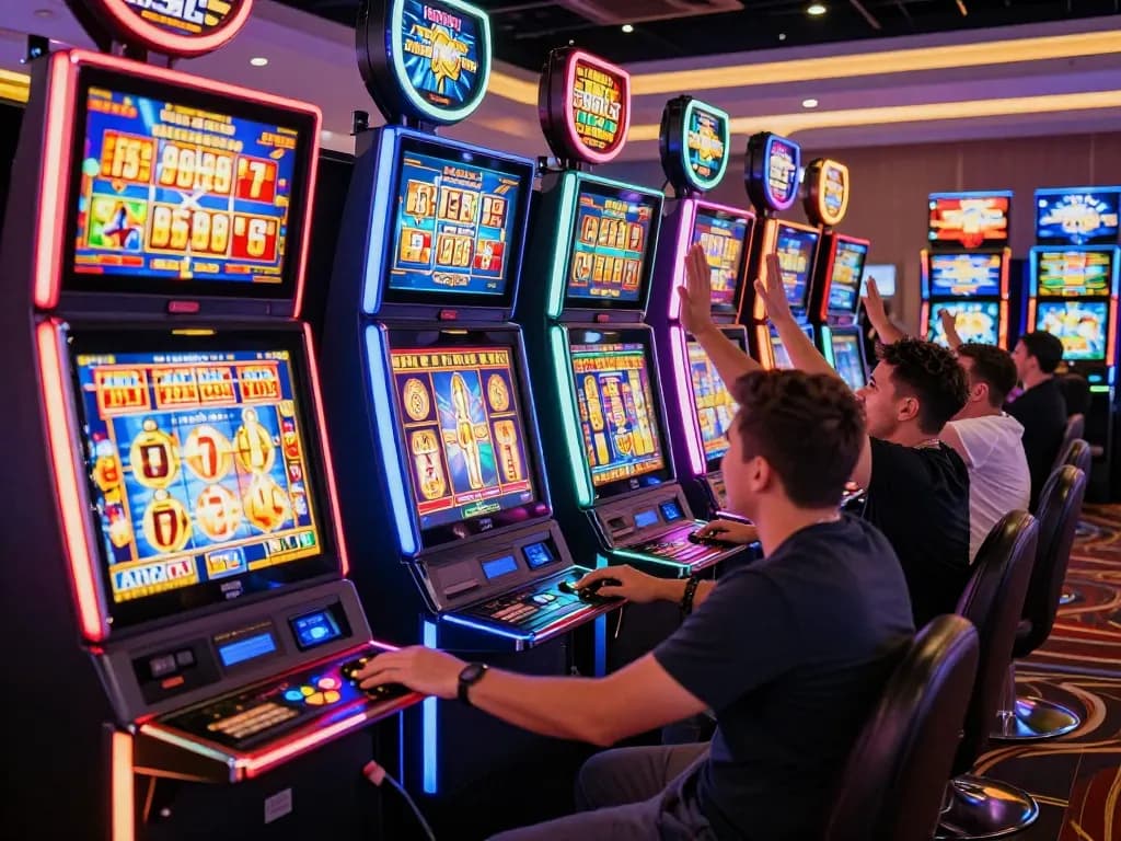 Players enjoying vibrant slot machines at Booster JP, celebrating wins with lively energy.