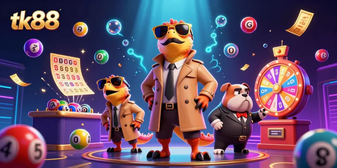 Experience tk88's vibrant lottery scene with colorful balls and fun characters at a virtual casino.