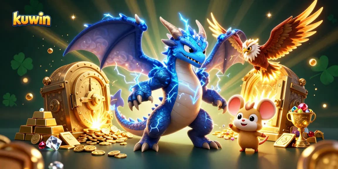 Kuwin dragon and hawk celebrate winnings with sparkling treasures in a vibrant casino atmosphere.
