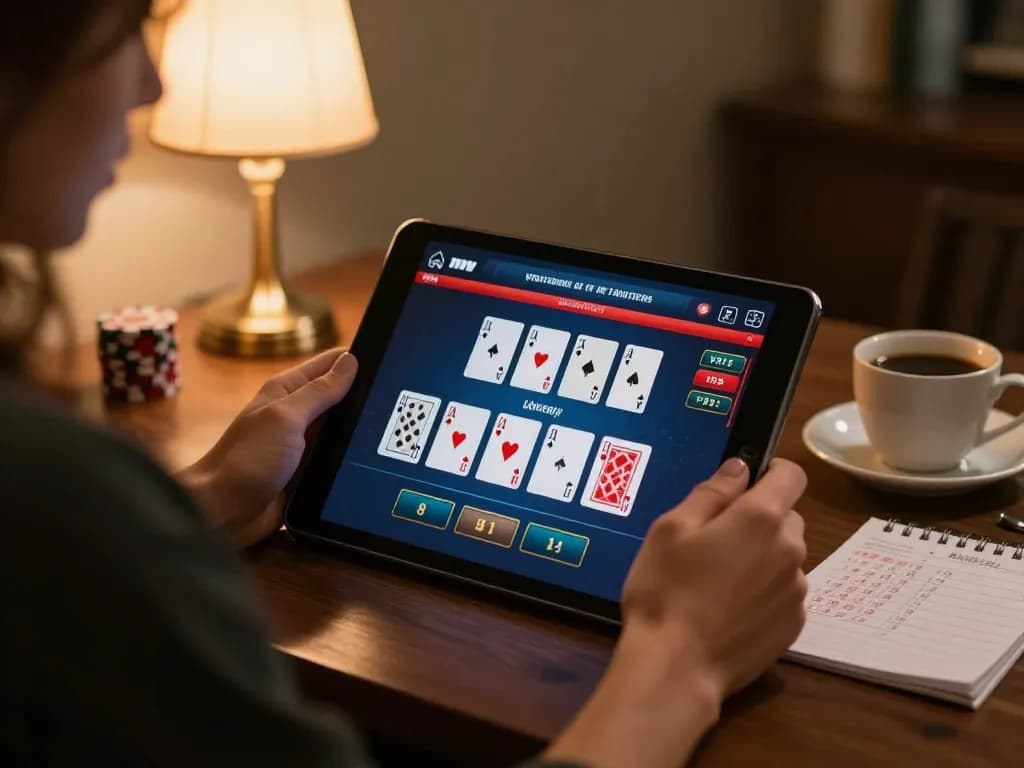 Online gaming on https://lucky88at.com/ showcasing a live dealer blackjack game in a cozy environment with strategic notes.