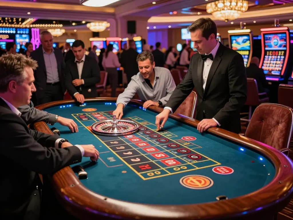 VA88 roulette players intensely focusing on the wheel during exciting gameplay in a luxurious casino