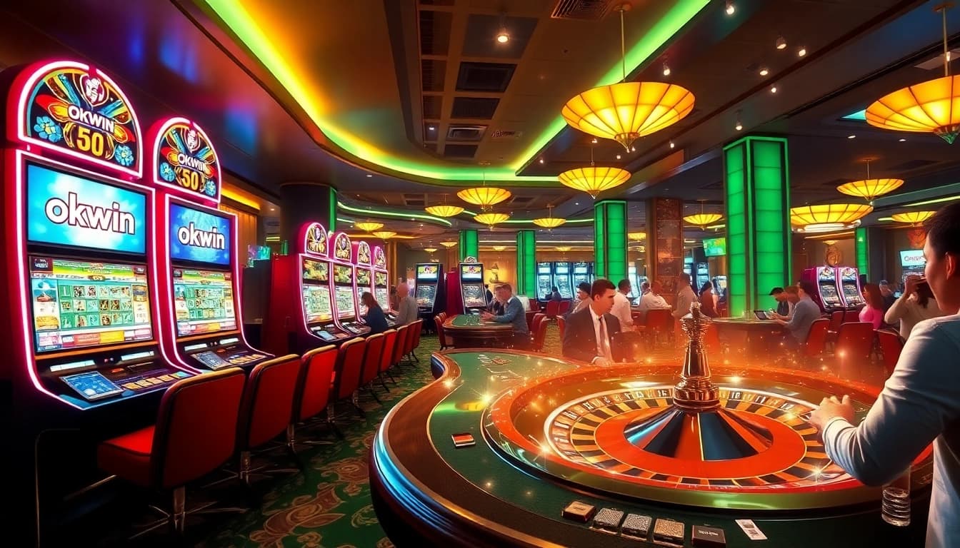 Players engaging with vibrant okwin slot machines in a luxurious casino setting.
