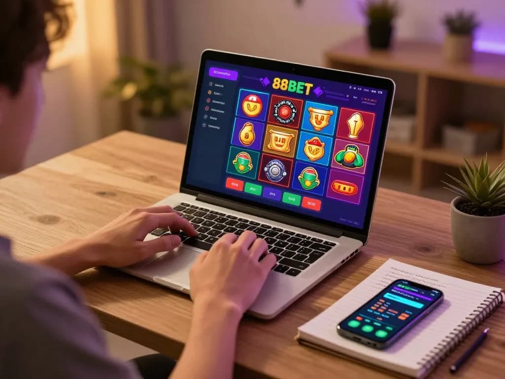 Engaging online gaming session at https://88bet.zone/ showcasing vibrant casino game interfaces and warm ambient lighting