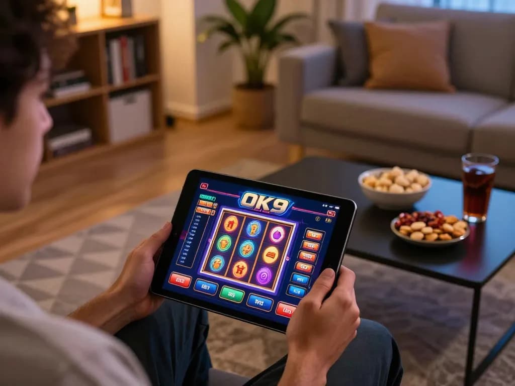 Player engaging with the OK9 casino app on a tablet in a cozy living room, showcasing responsible gaming.