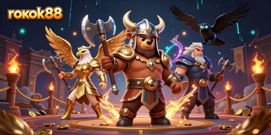 Experience the thrill of rokok88 with a vibrant, high-energy casino-themed scene featuring a Viking bear and Valkyrie eagle.