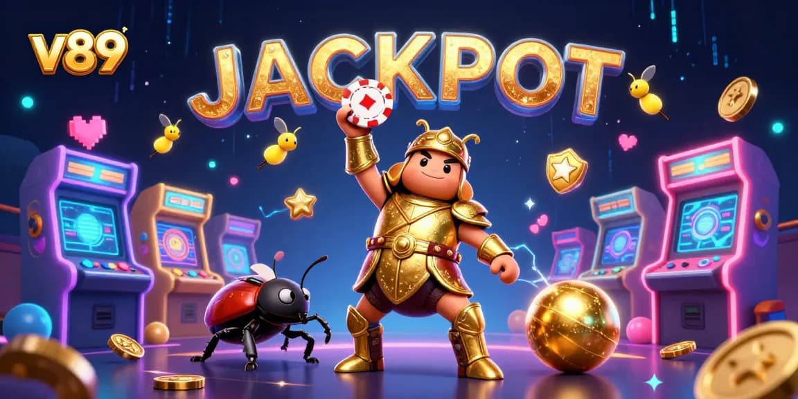 v89 meraih jackpot dalam ilustrasi 3D menampilkan kumbang pahlawan pada kasino yang megah