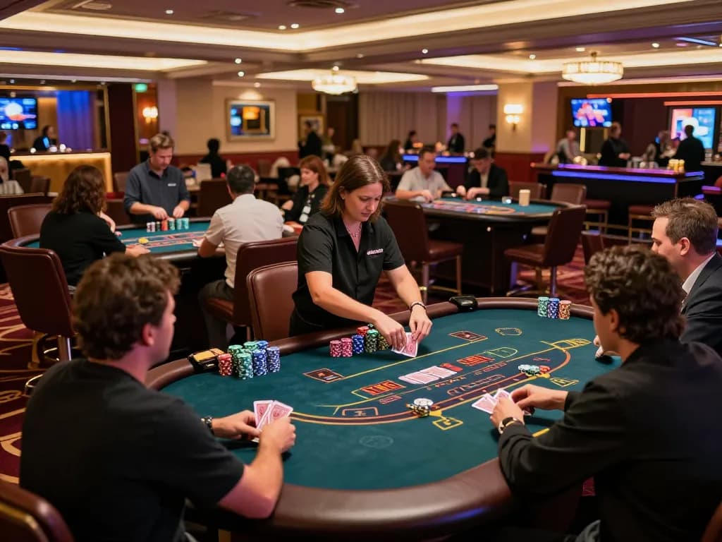 Playing blackjack at https://ta88at.com/ casino with exciting strategic moves and vibrant atmosphere.