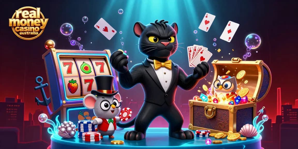 Engaging scene highlighting a real money casino Australia theme with a stylish panther, owl, and mouse, vivid slot reels, and dynamic poker elements.